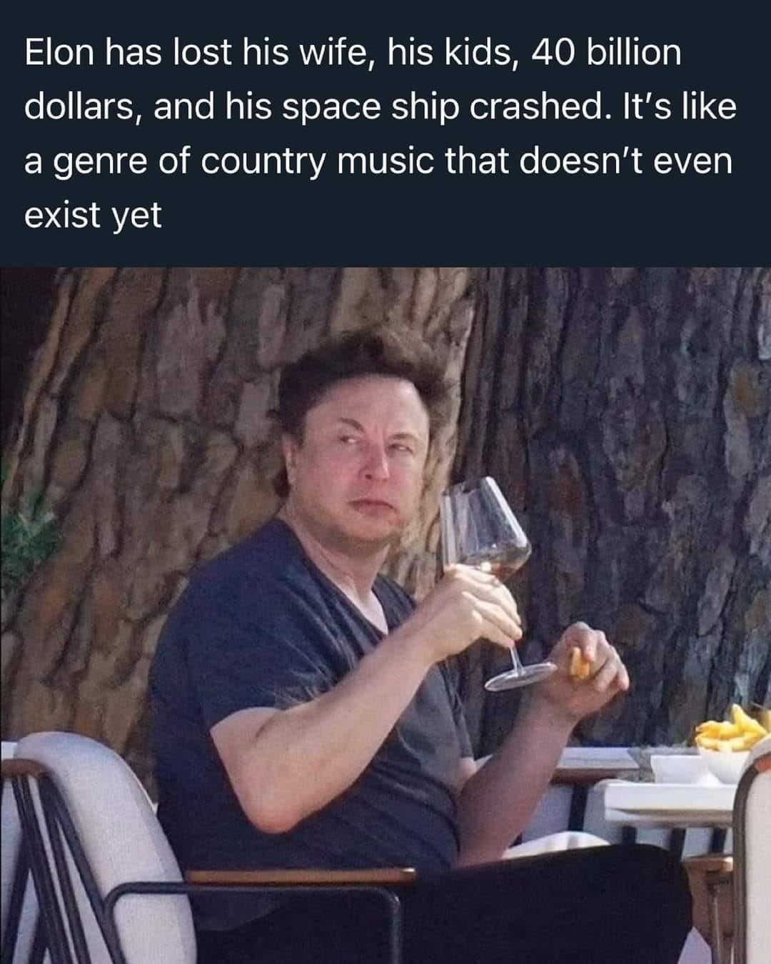This meme is a humorous commentary on the public's perception of Elon Musk's personal life. The image shows a photo of Elon Musk looking unimpressed while holding a glass of wine. The text above the image reads, "Elon has lost his wife, his kids, 40 billion dollars, and his space ship crashed. It's like a genre of country music that doesn't exist yet." The meme is poking fun at the idea that even in the face of all these disasters, Elon Musk's life is still somehow "country music" - a genre that is known for being about heartbreak and hardship, but is still somehow not as tragic as his life is.